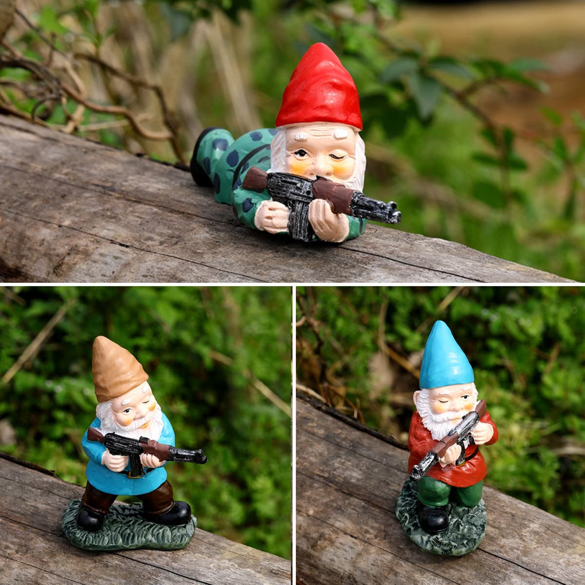 PERFECTOP 3Pcs Military Soldier Garden Gnomes with Guns AK47, Funny Army War Combat Defender Gnome Statue Figurines, Indoor Outdoor Patio Yard Lawn Desktop Ornament Decor,Valentine's Day Men Gift