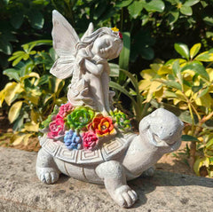 Solar Fairy Garden Statue - Angel Fairy on Turtle Figurine Outdoor Statue, Lovely Tortoise Garden Statue with 5 LED Lights Succulent Plants, Perfect Balcony Lawn Garden Decor Gift for Mom or Grandma