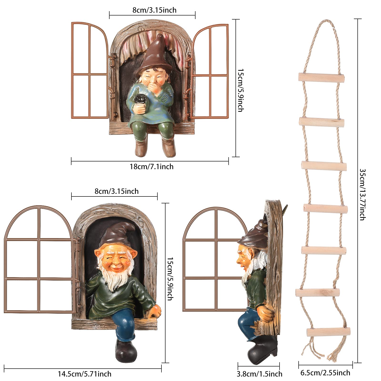 Thyle 4 Pieces Garden Gnomes Outdoor Tree Hugger Gnome Fairy Statue Elf Out The Door Resin Figurine Hanging Ladder Decoration Tree Faces Decor Outdoor for Patio Yard Lawn