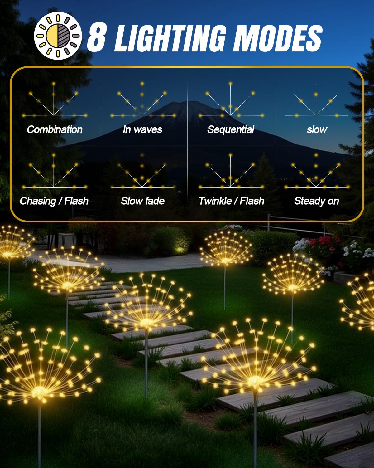 KALAHOL Solar Firework Lights 180 LED 2 Pack, 8 Modes Solar Lights Outdoor Garden IP65 Waterproof, Decoration for Pathway Flowerbed Party Ornaments Yard(Warm White)