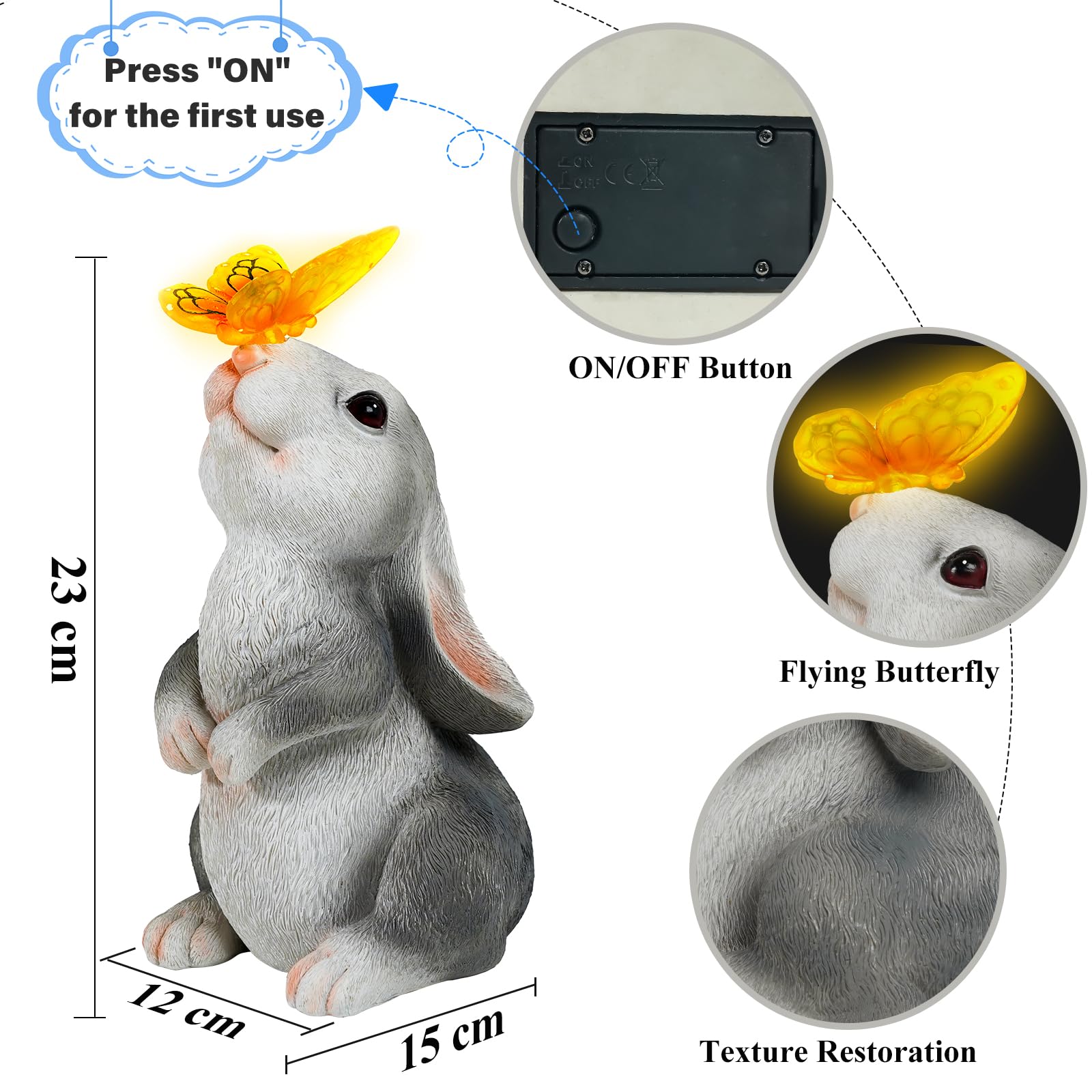 Loofu Solar Garden Rabbit Statue Outdoor Ornament, Butterfly on Rabbit- for Home Lawn Decor Garden Animal Figurine for Patio, Balcony, Yard, Lawn, Innovative Gift, 23cm*15cm*12cm