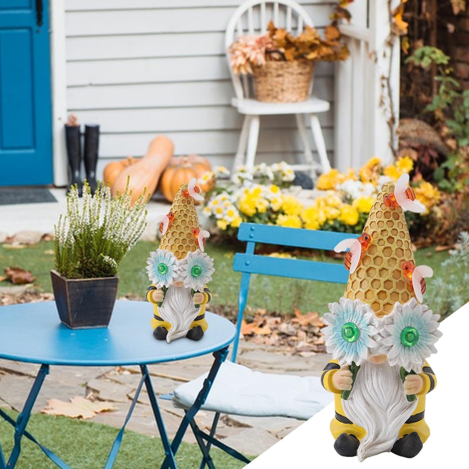 Solar Garden Ornaments, Gnome Figurine, Resin Gnome Statue, Bee Design Solar Lights, Gnomes Yard Decorations, Resin Gnome Sculpture, Outdoor Decorations, 8.86x4.13x3.94 Inches for Patio, Garden, Lawn