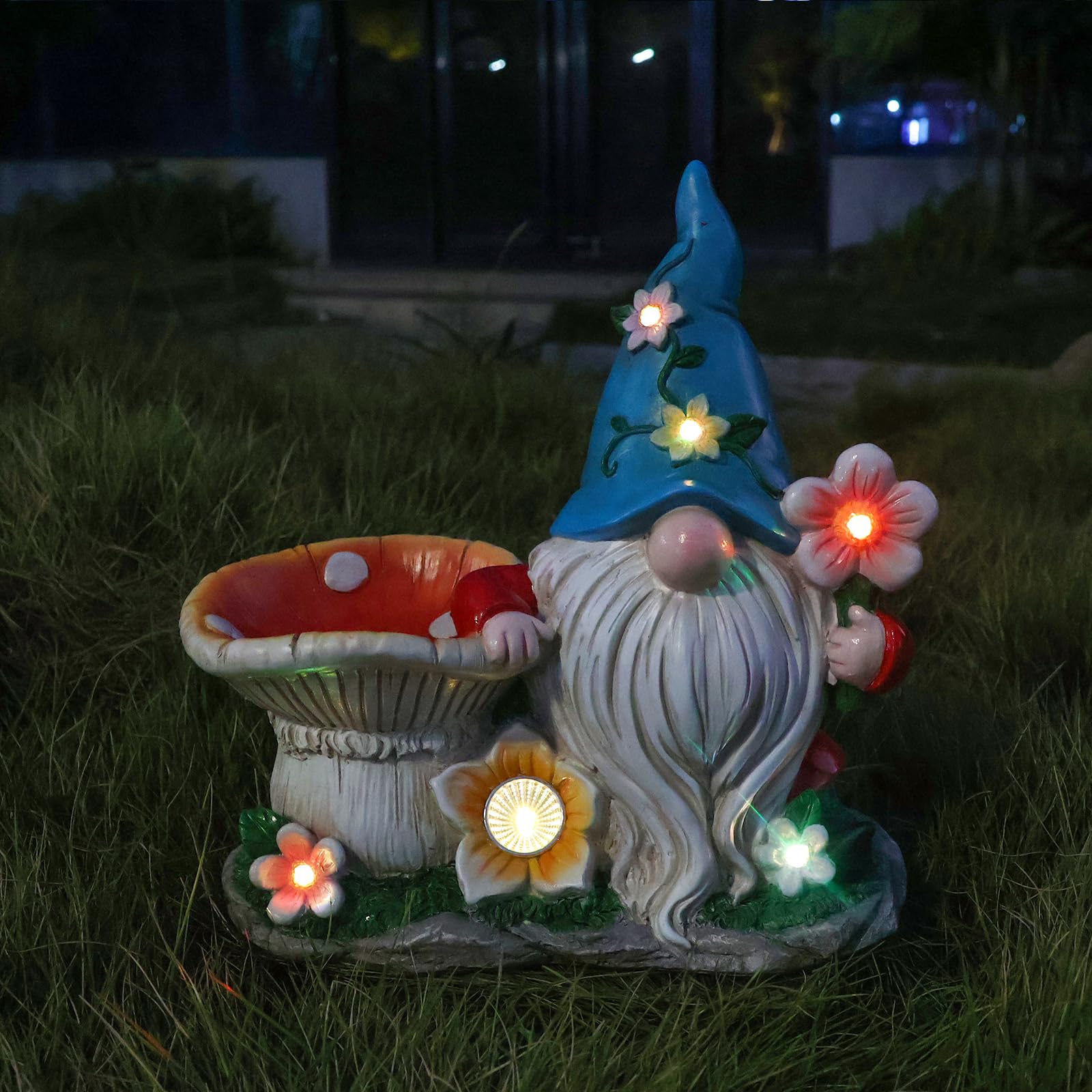 Outdoor Solar Gnome Sculpture Feeder - Outdoor Sculpture Bird Eating Bird Bath Solar Lighting Blue Hat Gnome Decoration Outdoor Decoration Resin Garden Statue Backyard 11 Inch