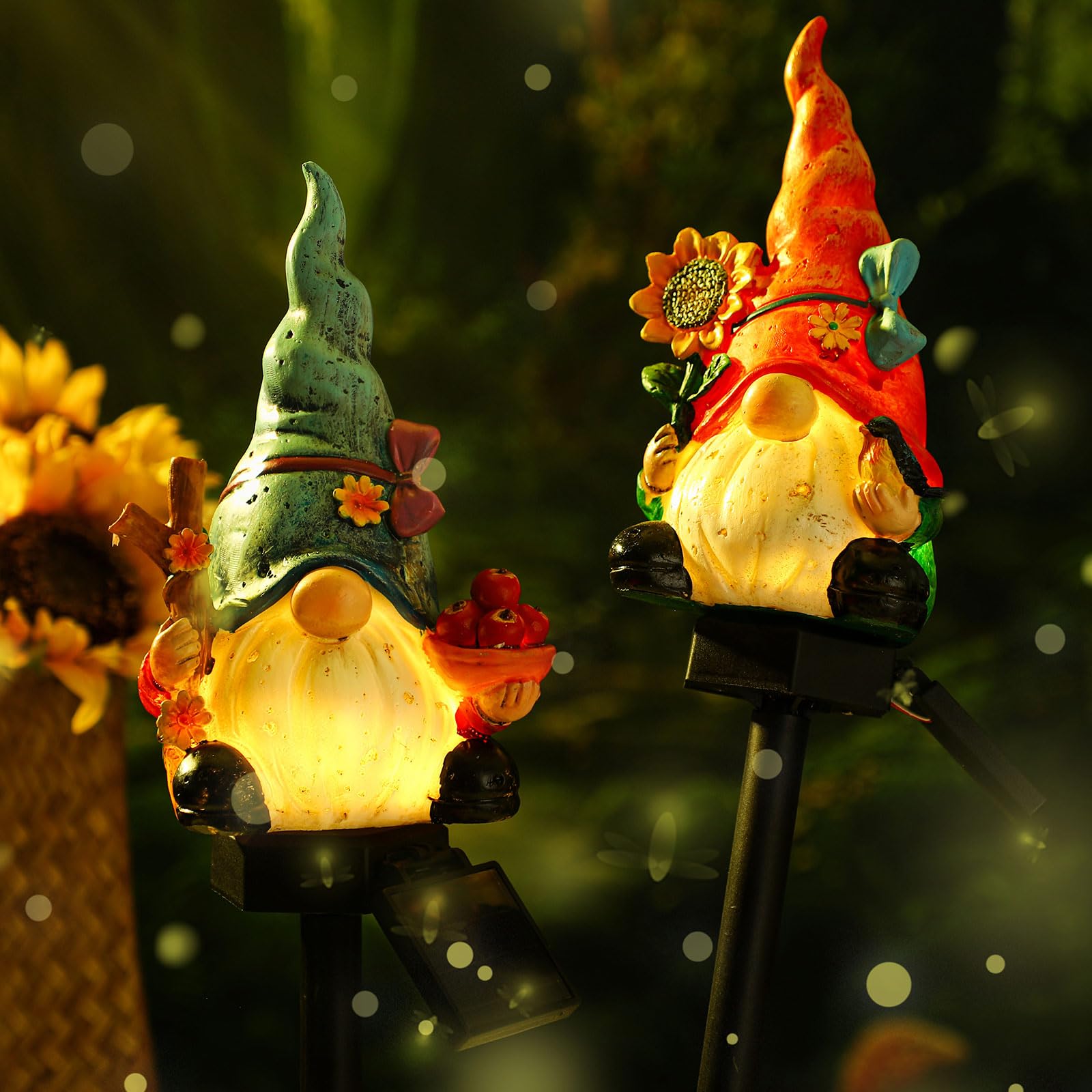 Rossesay - Set of 2 Solar Gnome Lights, Outdoor Pathway Decor, Decorative Stakes for Garden, Home, LED Landscape Lighting for Lawn, Walkway, Yard,