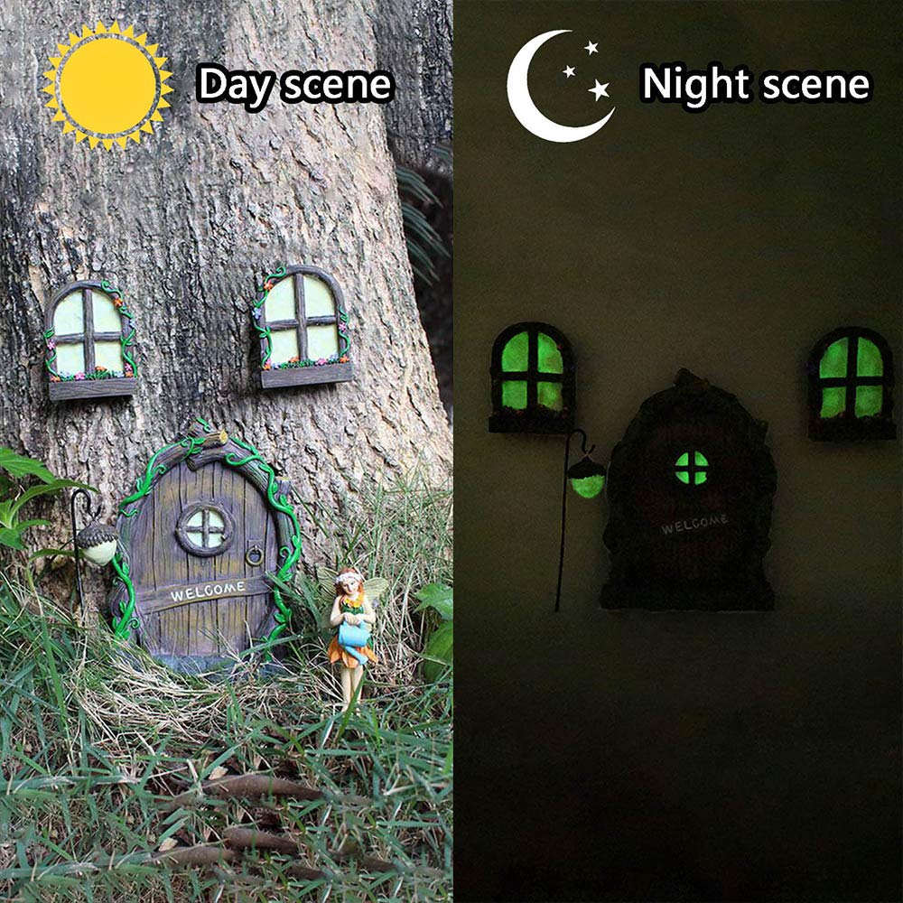 Jetcloud Mini Fairy Door for Tree, Home Miniature Window and Door with Fairy Lamp Glow In Dark Creative Garden Sculpture for Trees Decoration Garden Lawn Ornament