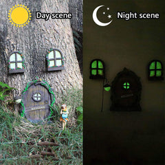 Jetcloud Mini Fairy Door for Tree, Home Miniature Window and Door with Fairy Lamp Glow In Dark Creative Garden Sculpture for Trees Decoration Garden Lawn Ornament