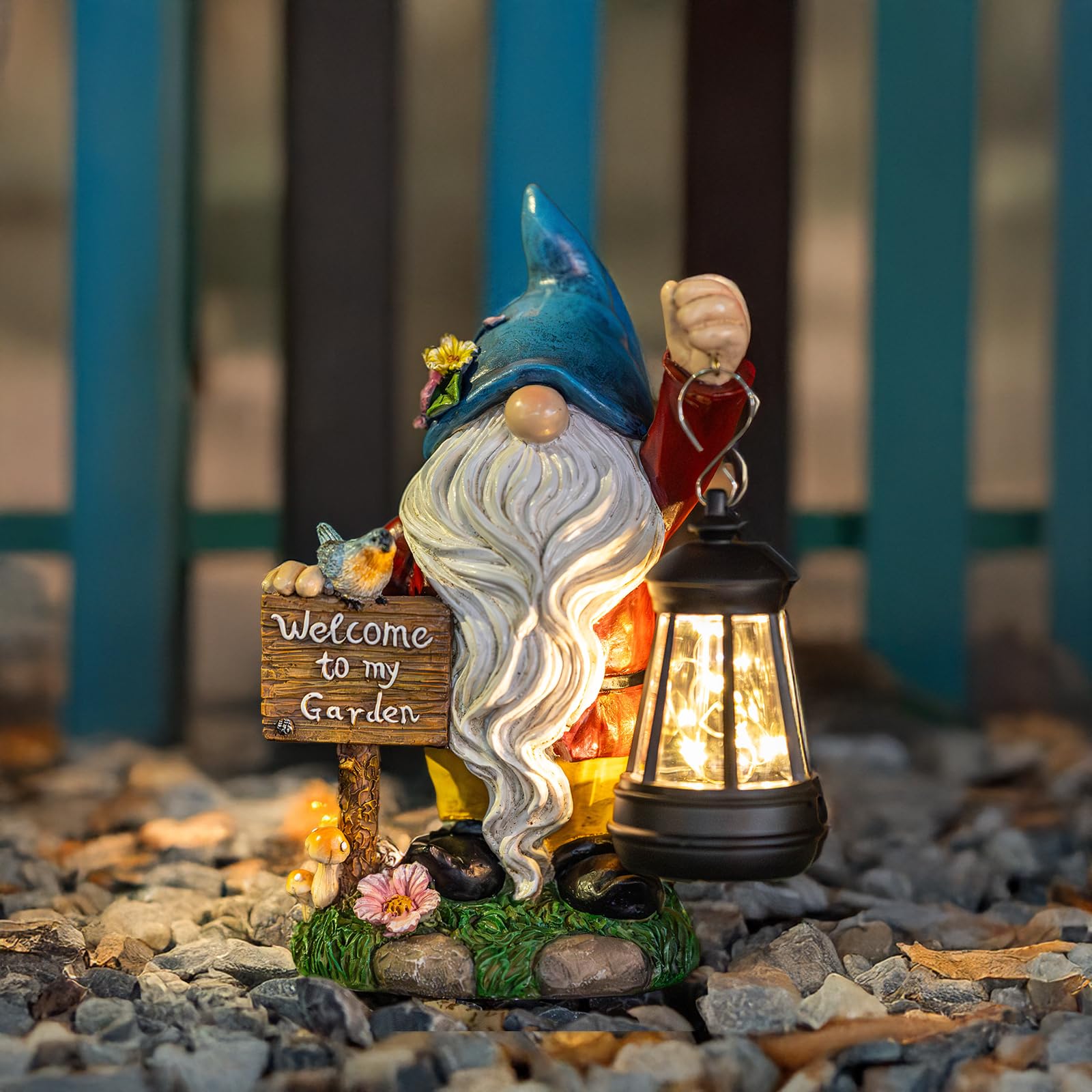 C&Y&G&X Garden Gnome Statue,Outdoor Gnome Decor Solar Lantern Lights and Welcome Sign,Yard Art Decorations, Ideal Housewarming Gift