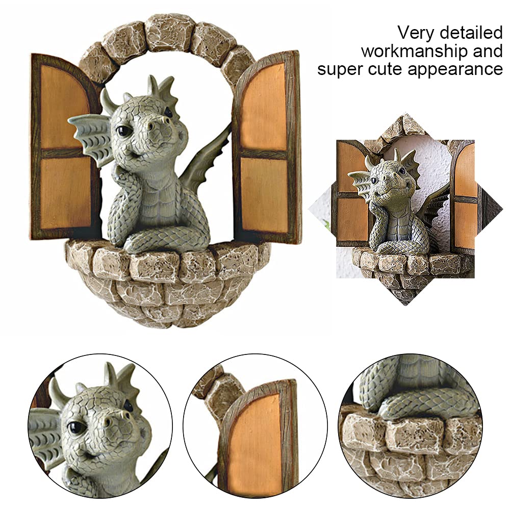 Courtyard Dinosaur Sculpture Wall Decoration, Weatherproof Resin Garden Statue Dinosaur Gnome Miniatures, Cute Dragon Garden Ornaments for Indoor Outdoor Wall Art Patio Yard Landscaping Decoration