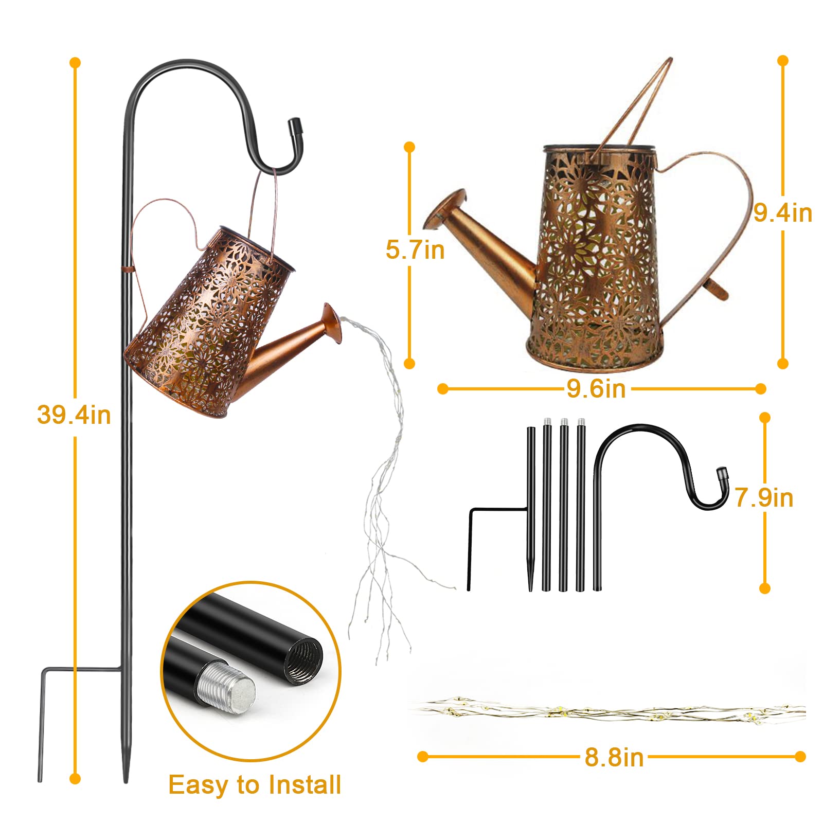 FLSEPAMB Watering Can Solar Lights Garden (2 Pack), IP65 Watering Can with Cascading Lights, Warm Watering Garden Light Decor with Bracket for Pathway, Yard, Patio, Backyard, Bronze, (HSD)