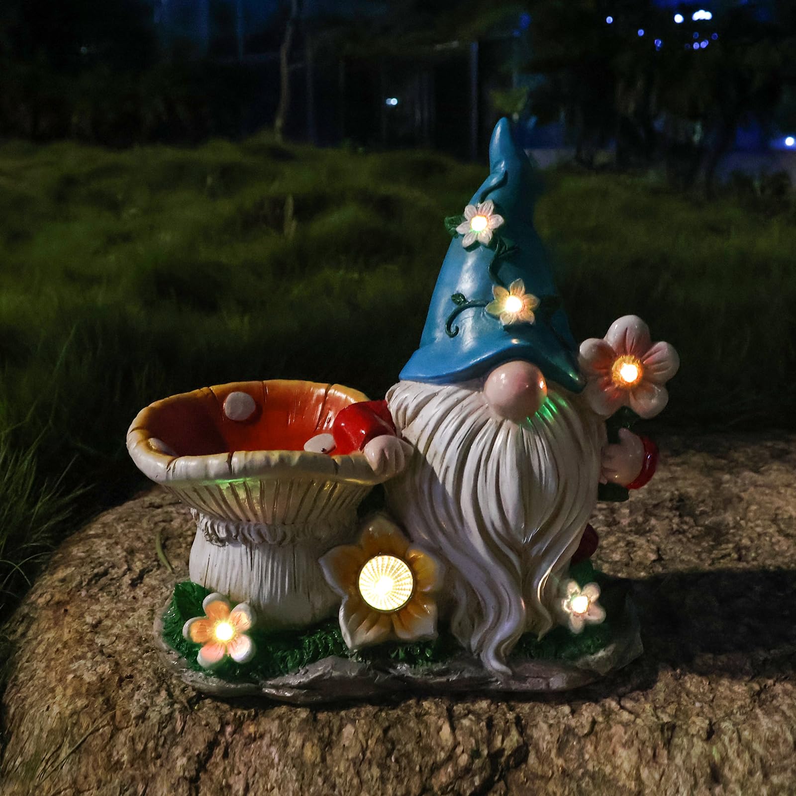 Outdoor Solar Gnome Sculpture Feeder - Outdoor Sculpture Bird Eating Bird Bath Solar Lighting Blue Hat Gnome Decoration Outdoor Decoration Resin Garden Statue Backyard 11 Inch