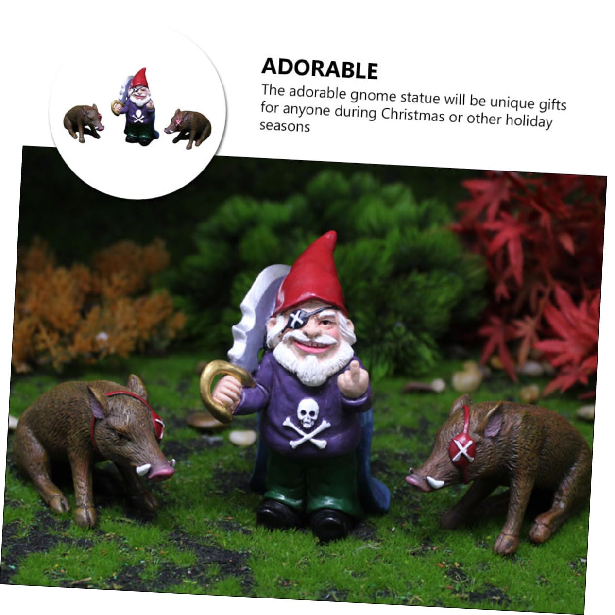 Happyyami 1set Creative Pirate Gnome Resin Figurine Pig Statues for Garden Decoration Unique Outdoor Ornament for Halloween and Holiday Decor