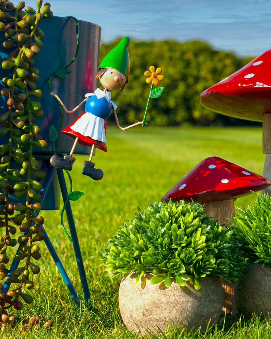 Olive & Sage Pair of 2 Hanging Miniature Fairy Garden Gnome Pot Hanger Ornaments