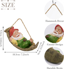 TERESA'S COLLECTIONS Cute Garden Gnomes Decorations for Yard Hanging Statues Outdoor Gifts, Sleepy Gnome in Swing Leaf Hammock Resin Tree Ornaments Figurines for Stump Branch Lawn Patio Decor, 7.4"