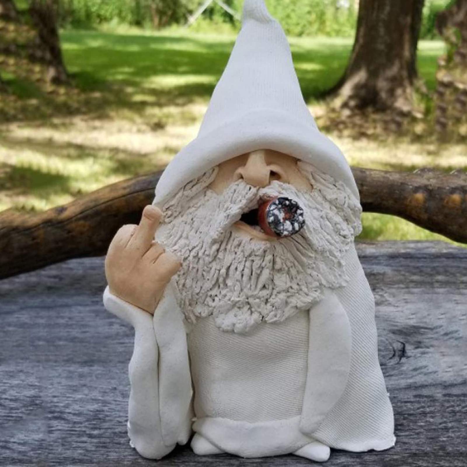 Garden Gnome Dwarf Statue Ornament - White Robe Smoking Dwarf Craft. Whitebeard Gnome Resin Outdoor Decoration, Smoking Wizard Gnome Statue