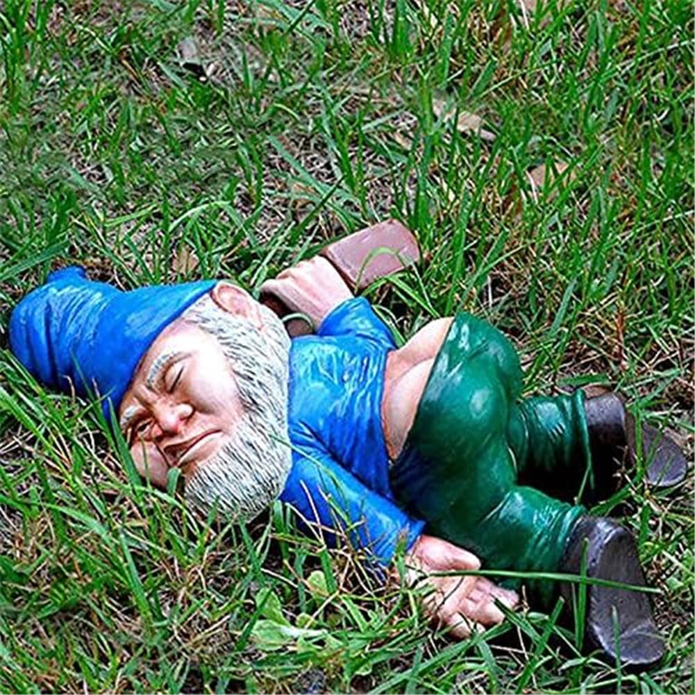 MOOCOCO Funny Drunk Gnome Statue, Garden Gnome Statues,Creative Dwarf Drunk Gnome Resin Sculpture Yard Lawn Patio Garden Decoration,for Outdoor Indoor Ornament Decor Novelty Gift (Blue)