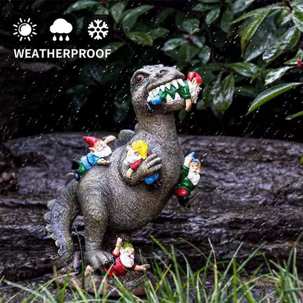 Garden Gnome Ornaments, Waterproof Eco-friendly Dinosaur Eating Gnomes Figurines Miniature Resin Statues for Yard Lawn Patio Party Halloween Decorations, 15*10*6