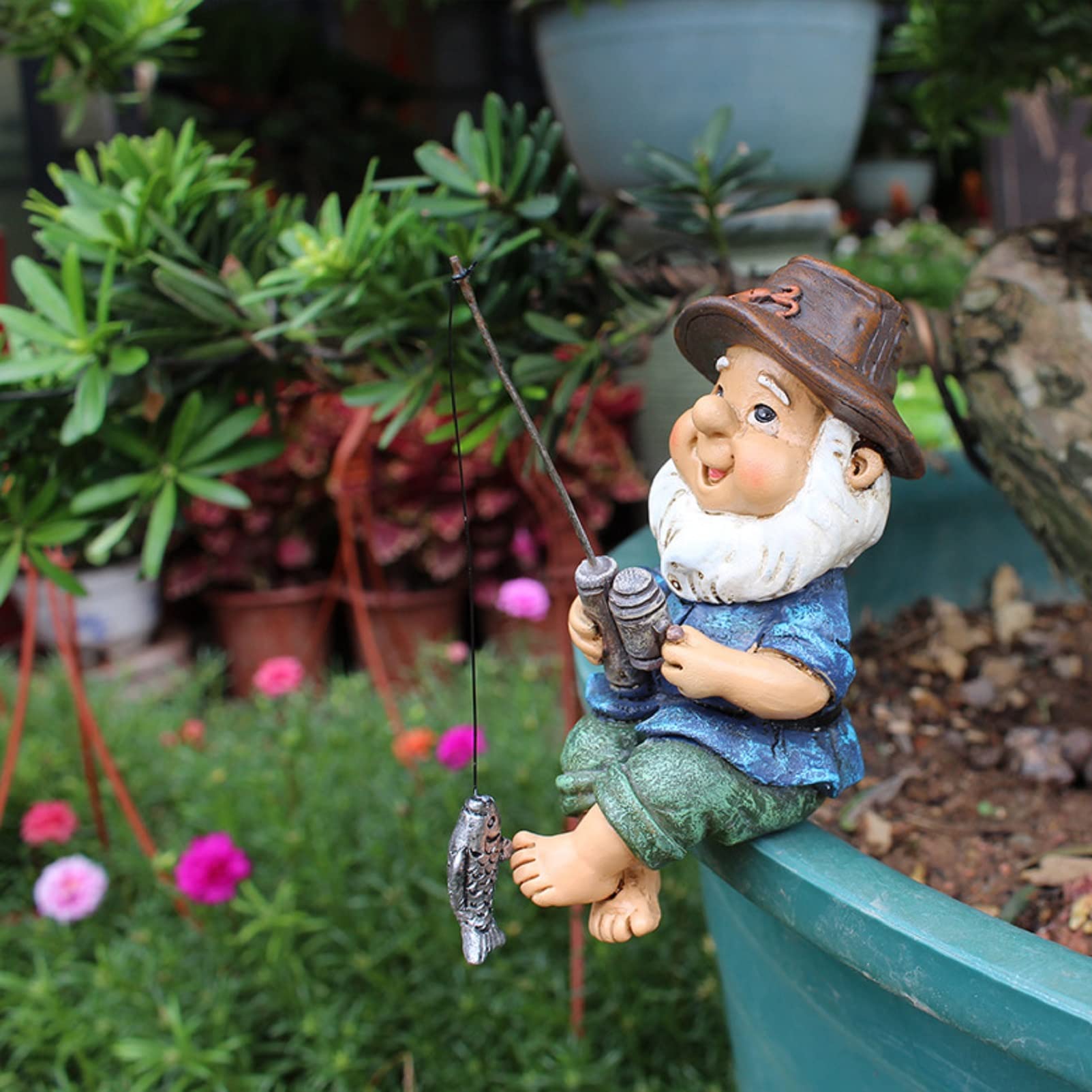 Fairy Garden Gnome Statues Miniature Dwarf Elf Fishing Figurines Outdoor Landscape Ornaments for Yard Lawn Pond Pool Riverside Decoration (Gnome)
