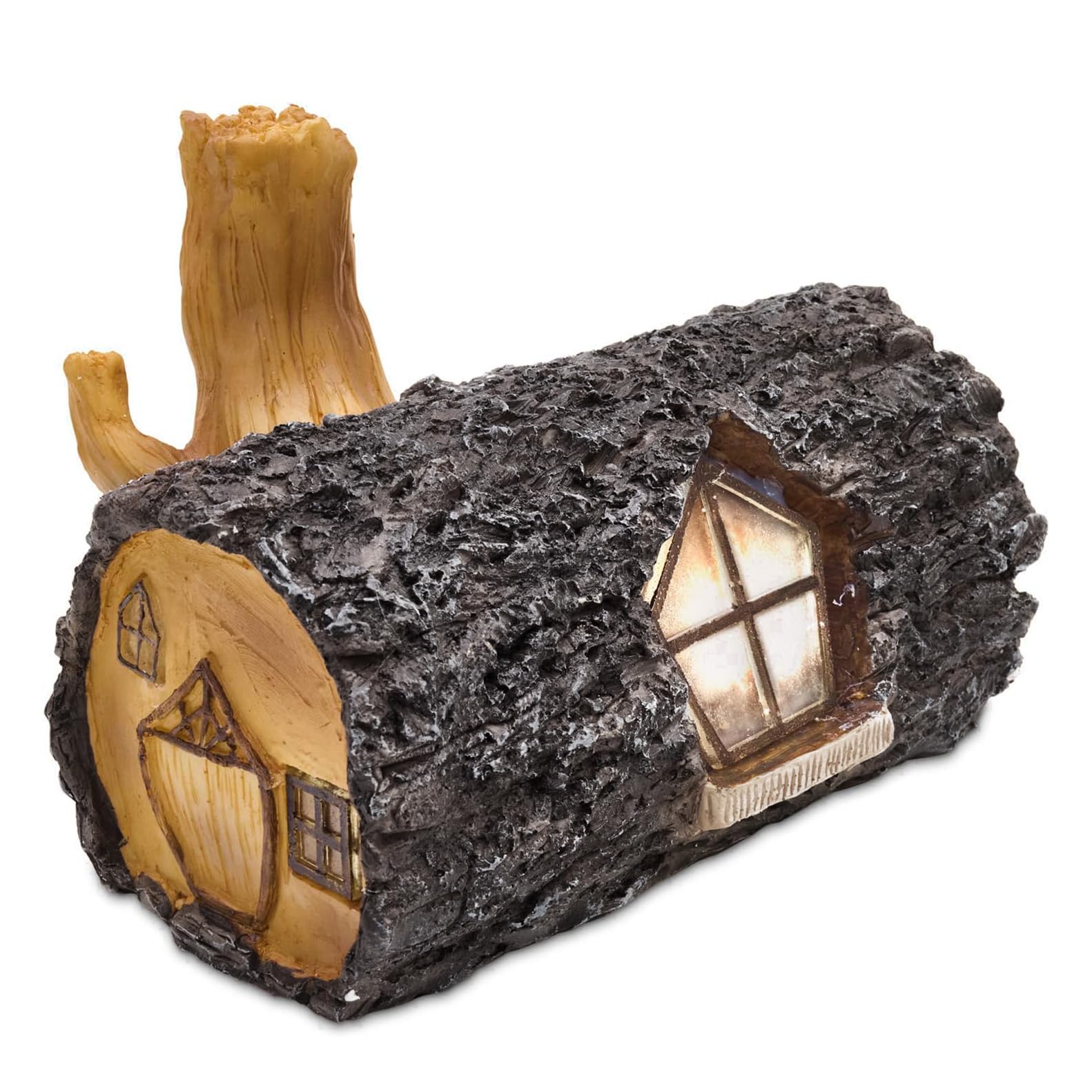 garden mile Solar Powered Light Up Log Fairy House Garden Solar Lighting Indoor Outdoor Ornament Wood Effect Resin Decoration - solar lights outdoor garden
