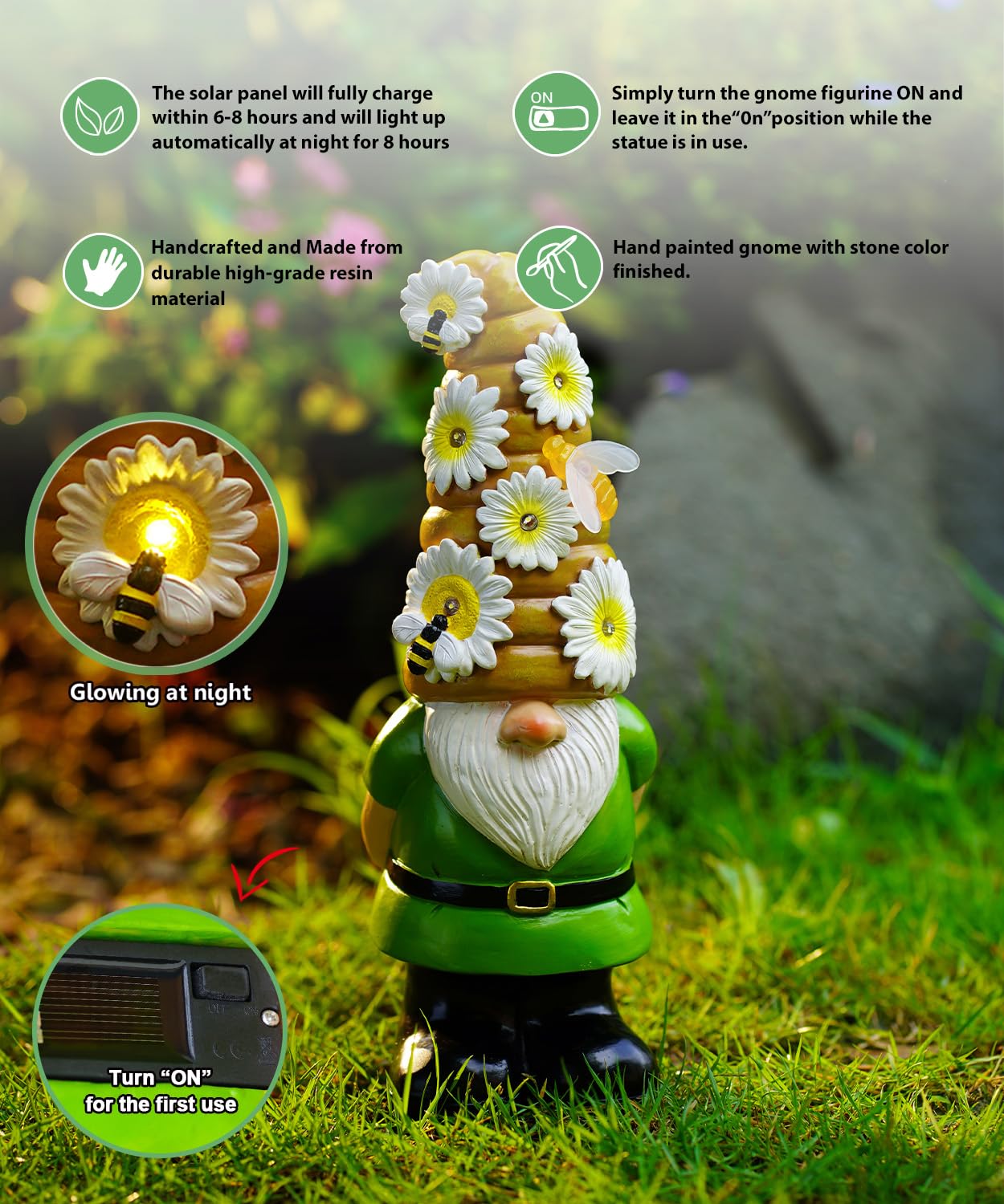 Yeomoo Funny Garden Gnomes with Flowers Solar Lights Ornaments: Outdoor Gnome with Bee Solar Decor Gifts for Women Men Mum Birthday