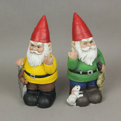 Yellow & Green Go Away Giving The Bird Garden Gnome Funny Outdoor Sculpture Set