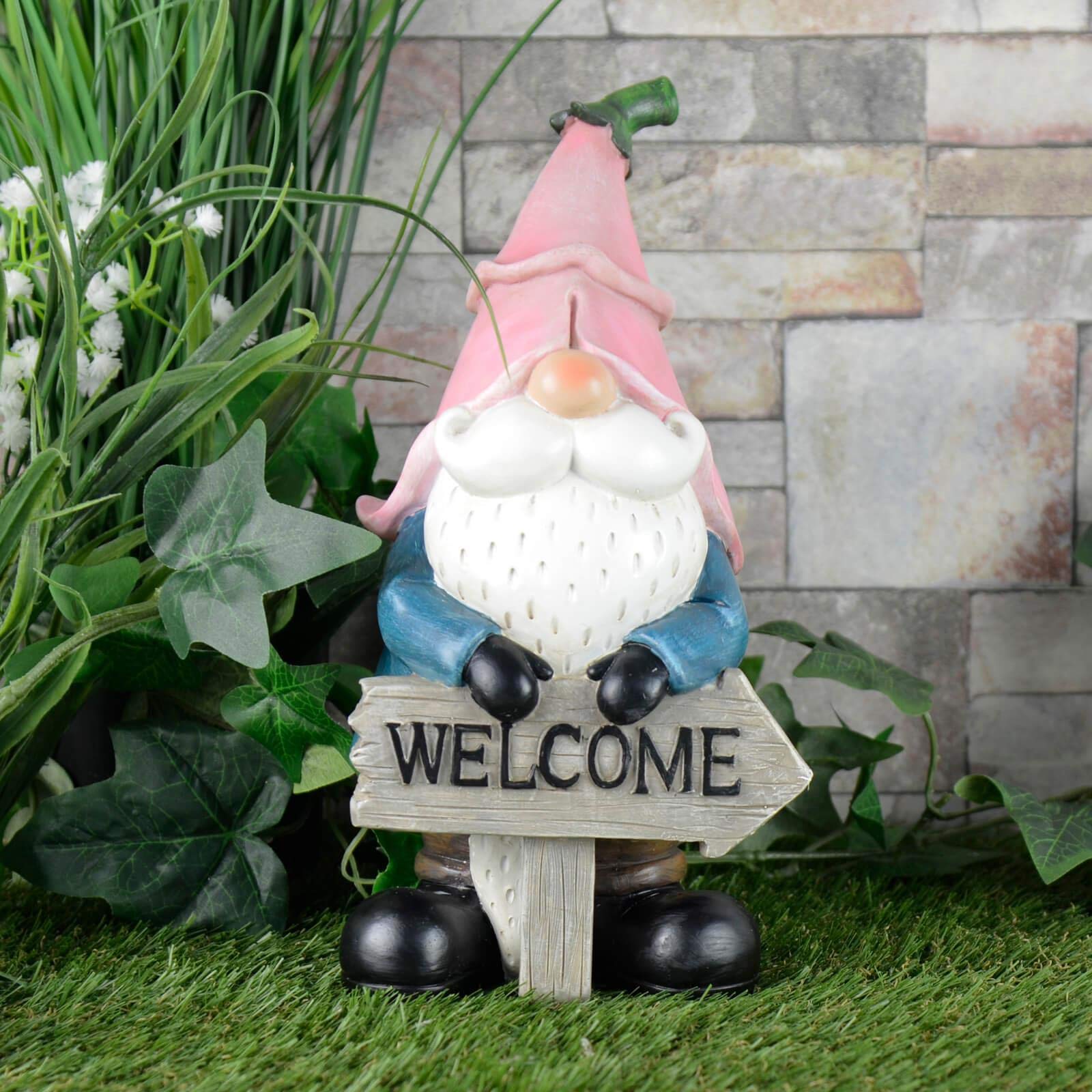 Garden Gnome Ornament Novelty Resin Standing Figure Patio Outdoor - Pink Hat
