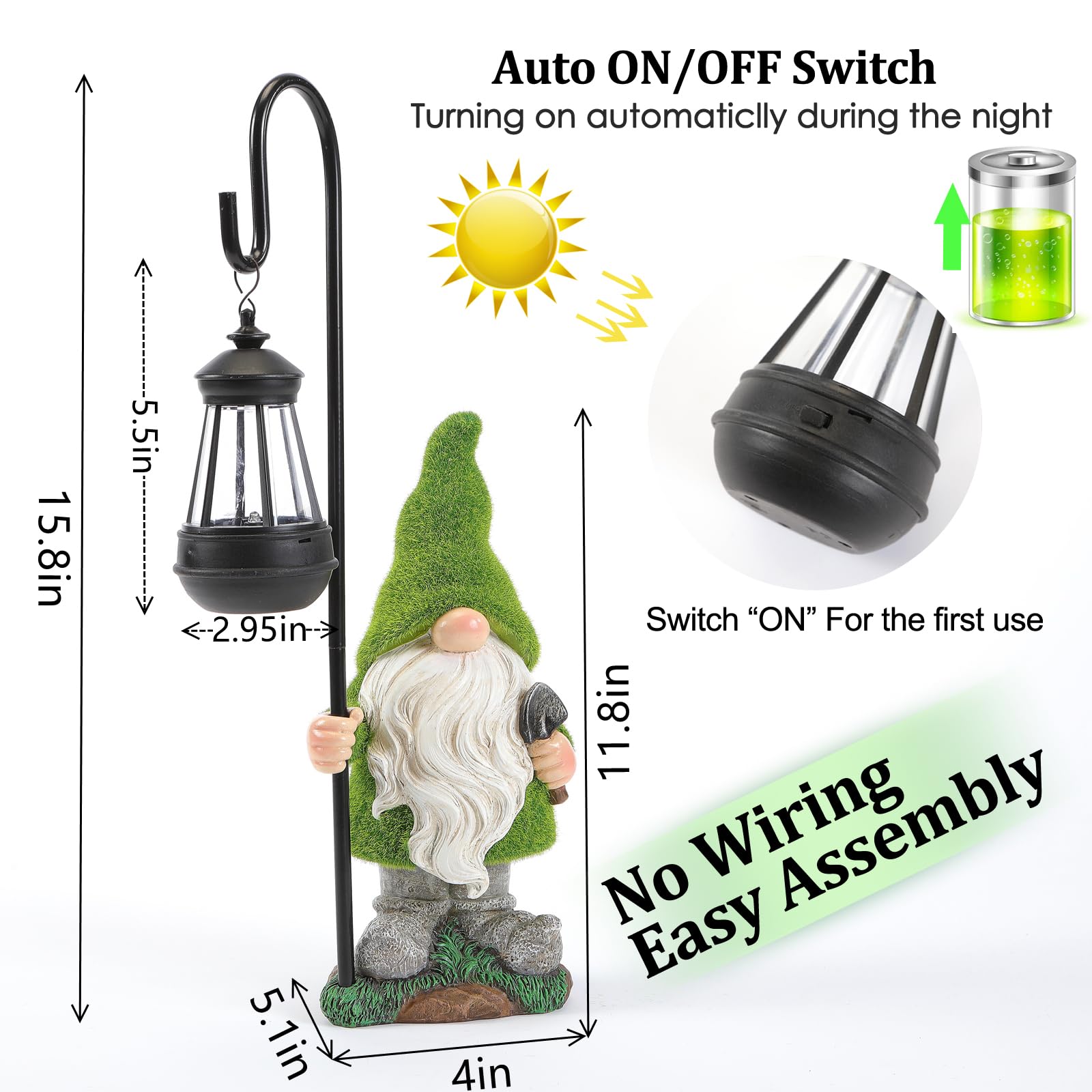 HDNICEZM Flocked Garden Gnome Statue, Large Outdoor Gnome with Solar Lights, Funny Garden Figurines for Outdoor Home Yard Decor (15.8 Inch Tall)
