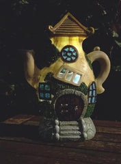 ALT90 Solar Fairy Garden Teapot House and Doors LED Illuminated Outdoor Ornaments Weatherproof [Solar Teapot House]