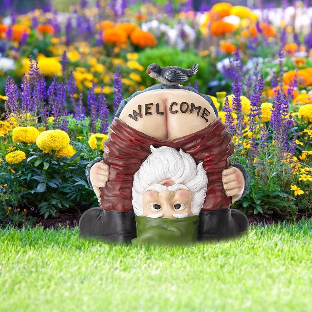 Garden Gnome Statue Water Resistant Funny Resin Garden Figurines Miniature Fairy Gnomes Garden Decoration for Indoor Outdoor Backyard Decor Patio Yard Lawn Ornaments Gift (Welcome)