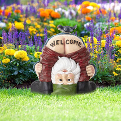 Garden Gnome Statue Water Resistant Funny Resin Garden Figurines Miniature Fairy Gnomes Garden Decoration for Indoor Outdoor Backyard Decor Patio Yard Lawn Ornaments Gift (Welcome)