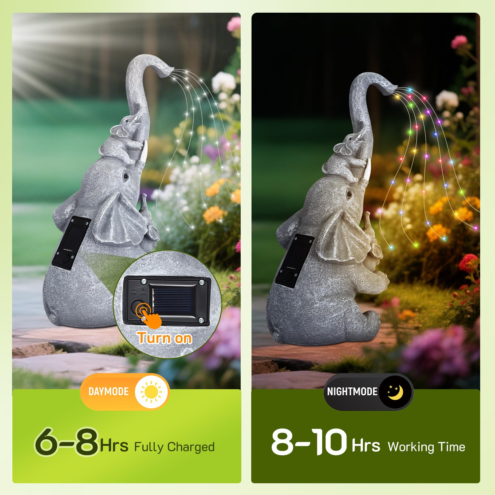 QCXWCJWD Garden Ornaments Outdoor Elephant Statue, 30cm Elephant Statue with Solar Watering Lights, Resin Elephant Ornaments with Solar Lights for Patio Yard, Waterproof Garden Elephant Gifts for Mum