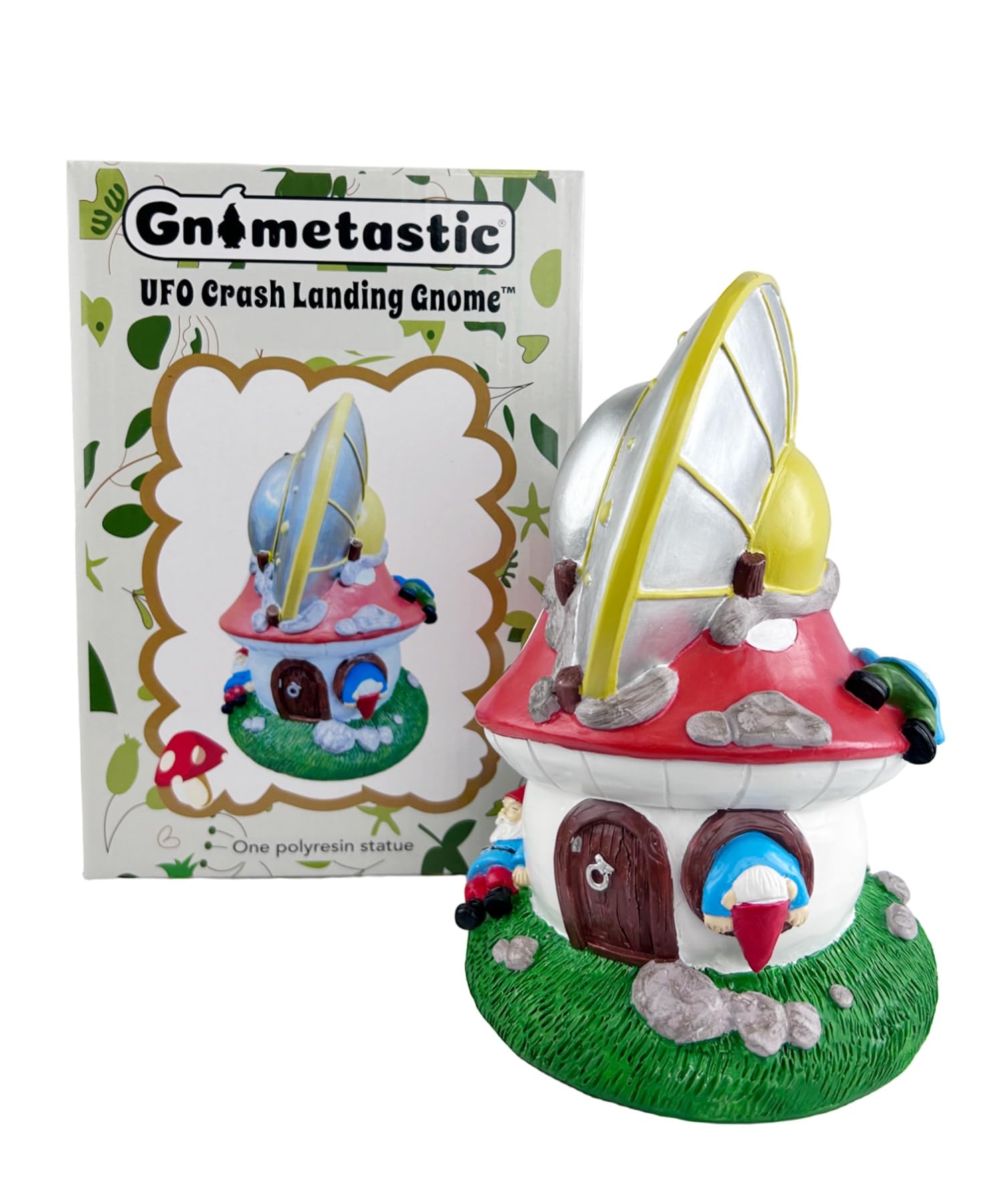 Gnometastic Gnomes - UFO Gnome, 8.85in, Mushroom House Garden Gnomes with Alien UFO Crash Landing - Funny Garden Gnomes Decorations for Yard and Outdoor Lawn Ornament and Fairy Garden Accessories