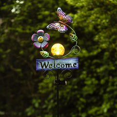 LOVERUIS Solar Lights Outdoor Garden Butterfly Welcome Sign with Cracker Ball Waterproof Butterflies Garden Ornament Gift for Mom Wife