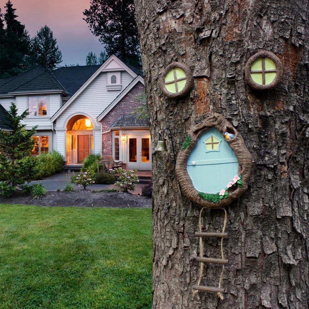 Meyas Outdoor Statues Garden Sculptures Decoration,Miniature Fairy Garden Ornament,Garden Gnomes Fairy Garden Accessories Kit,Art Yard Tree Face Tree Hugger,Garden Figurines Statues Glow in The Dark