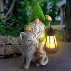 Sinhra Garden Cat Gnome Decoration with Solar Lights, Resin Flocked Gnome Figurine Holding Lantern, Outdoor Statue, Grey, Water Resistant, LED Light, 6.1”L x 10.62”H