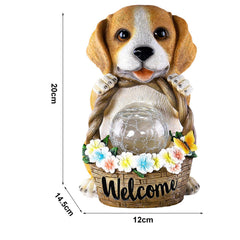 Puppy Garden Ornament Outdoor with Solar Light with Crakle Glass Balls, Resin Garden Statue Figurine for Patio Lawn Yard Decor