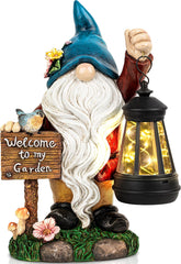 C&Y&G&X Garden Gnome Statue,Outdoor Gnome Decor Solar Lantern Lights and Welcome Sign,Yard Art Decorations, Ideal Housewarming Gift