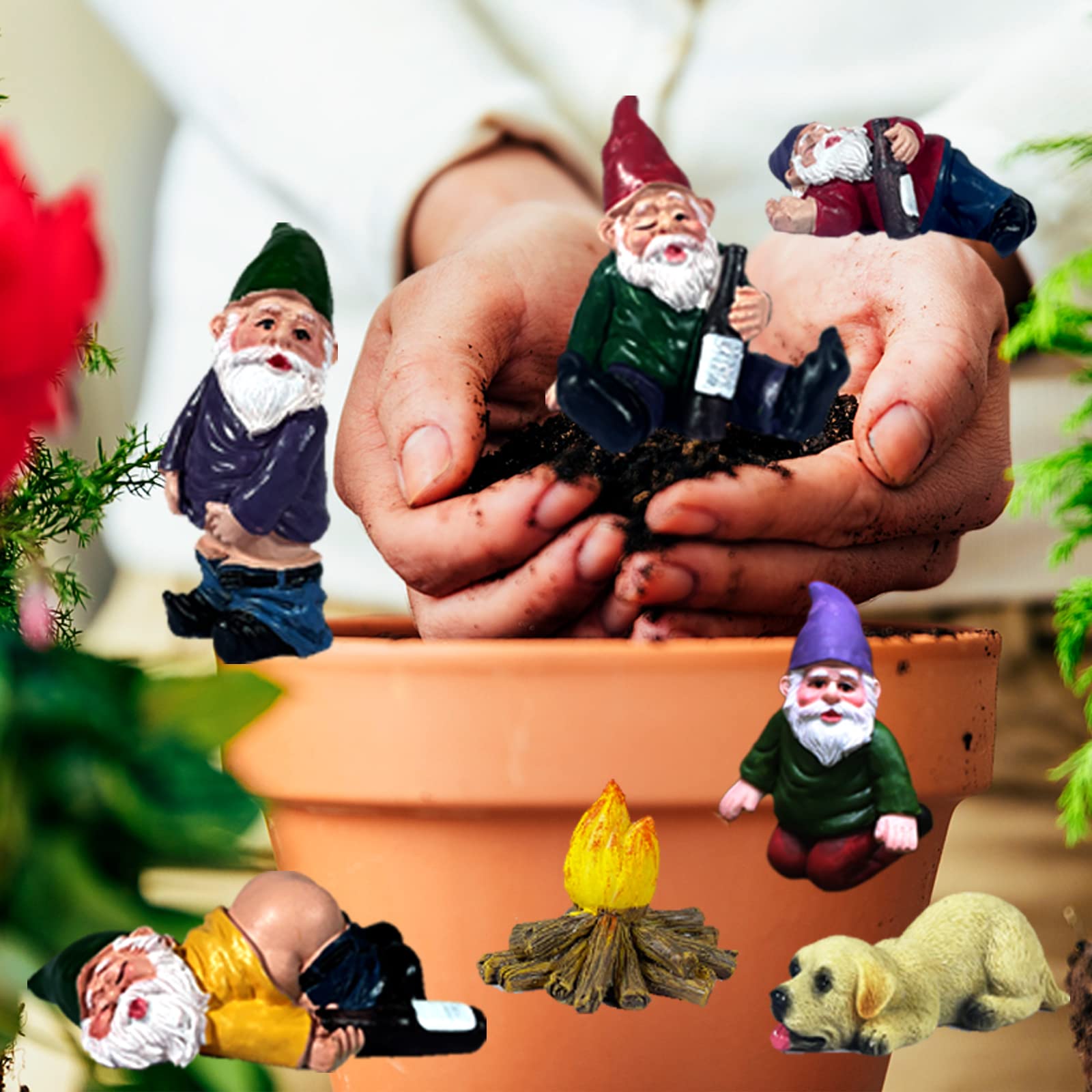 Wetufin 9pcs Drunk Gnomes Miniature Garden Gnomes Mini Funny Gnome Statues Resin Gnome Fairy Gnomes Garden Decorations Miniature Gnomes for Fairy Garden, Christmas Tree, Gift for Kids
