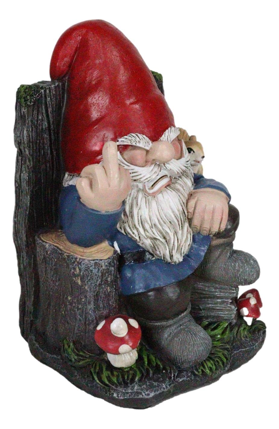 Ebros Gift Rude Mean Garden Greeter Go Away! Mr Gnome Dwarf with Squirrel On Tree Logs Chair Flipping The Bird Middle Finger Figurine As Whimsical Decor Magical Fantasy Gnomes