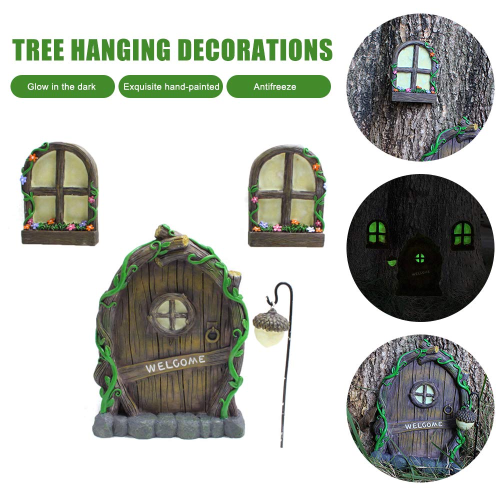 Jetcloud Mini Fairy Door for Tree, Home Miniature Window and Door with Fairy Lamp Glow In Dark Creative Garden Sculpture for Trees Decoration Garden Lawn Ornament