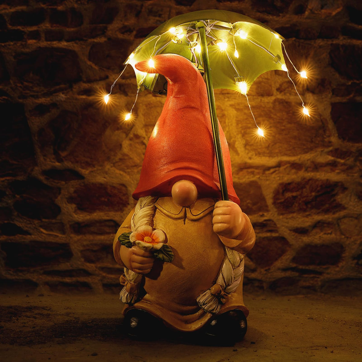 WONDHOME Garden Gnome Statues Outdoor Decoration Patio Yard Lawn Solar Gnomes Lady with Umbrella Lights Christmas Halloween Birthday Gift for Woman Mom,Umbrella Gnome