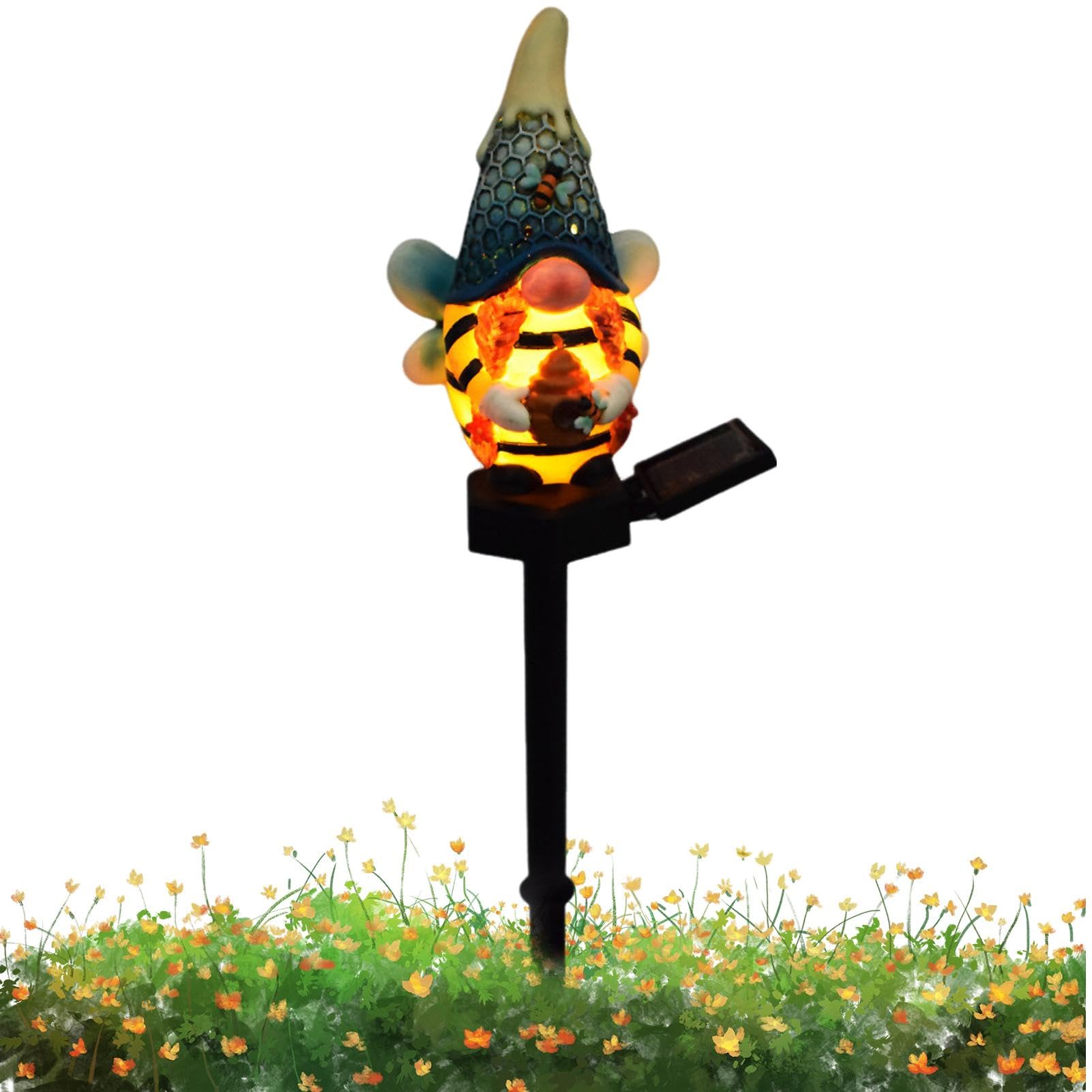 Solar Garden Gnome, Bee Gnome Statue, Garden Stake Lights, Solar Pathway Lights, Solar-Powered Bee Gnome Statue Decorative for Outdoor Garden Lights, 5.71x3.74 Inches,
