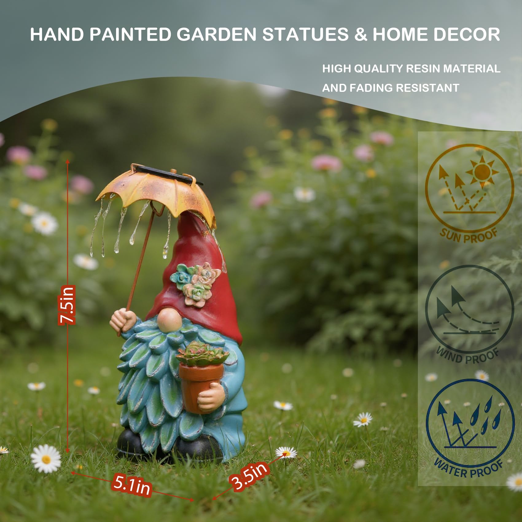 Elenon Garden Gnome Decor Solar Lights, Solar Elf Holding Umbrella Figurines Outdoor Decorative, Yard Art Garden Sculptures & Statues for Patio Yard Pathway