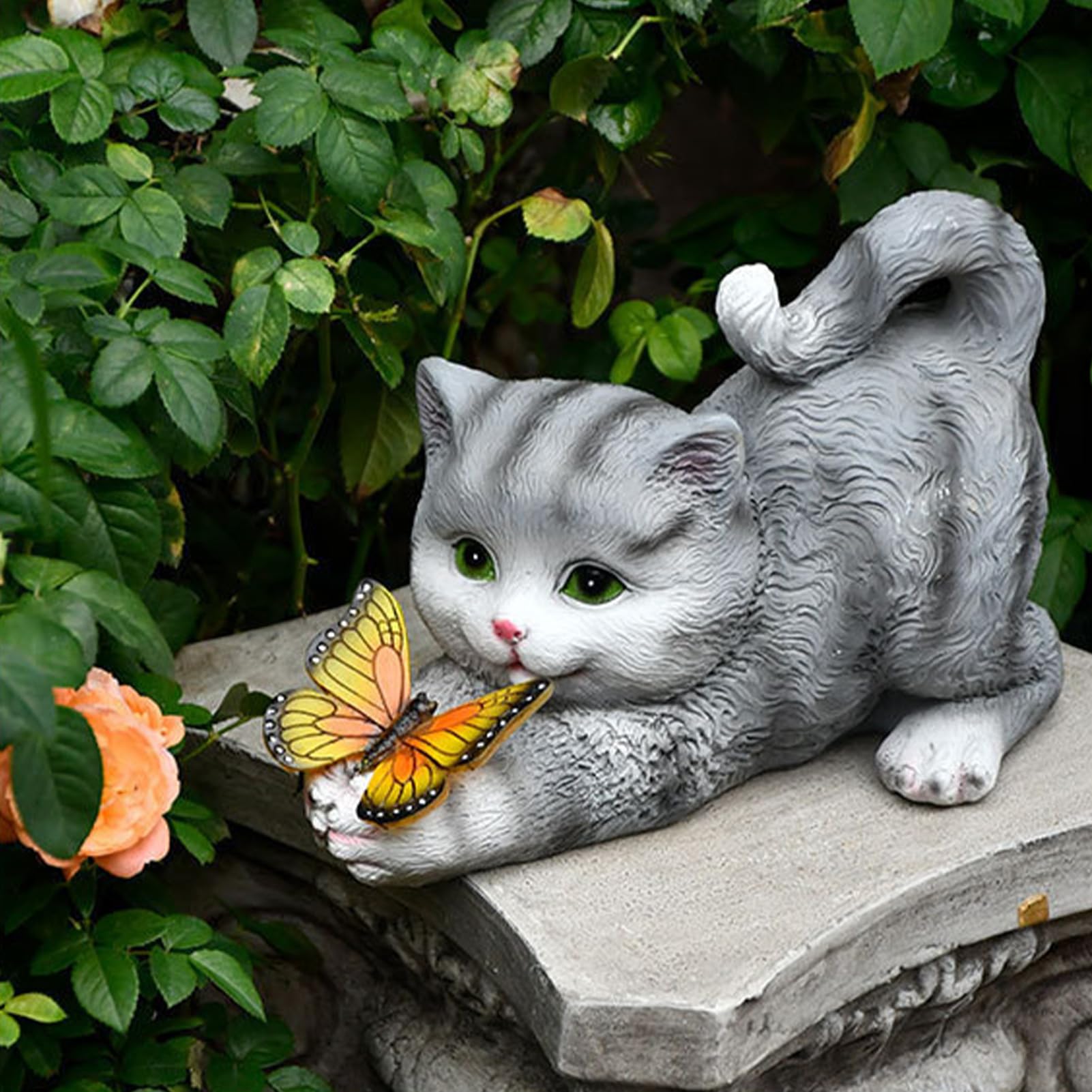 Tuzsocr Solar Powered Cat Statue,Butterfly Solar Lights for Outdoor,Decorative Animal Figurine for Garden,Waterproof Resin Sculpture,LED Lighting,for Lawn,Terrace (Style 1)