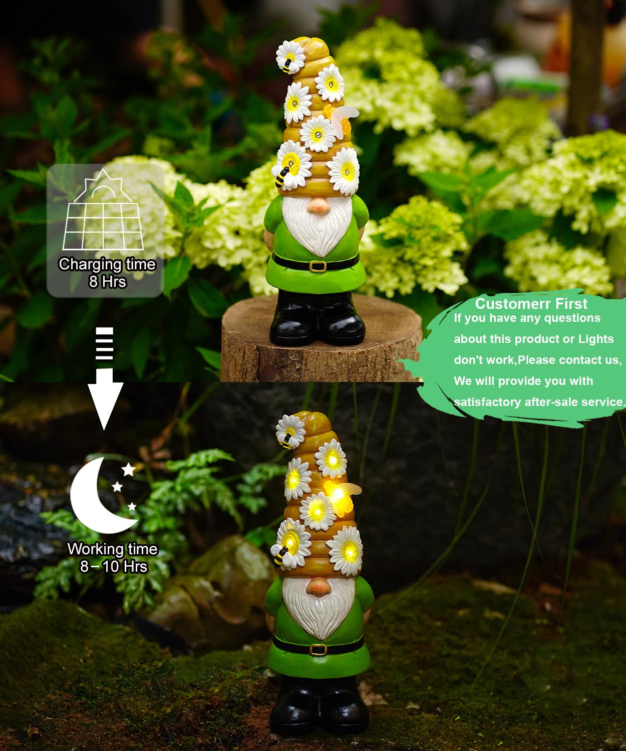 Yeomoo Funny Garden Gnomes with Flowers Solar Lights Ornaments: Outdoor Gnome with Bee Solar Decor Gifts for Women Men Mum Birthday