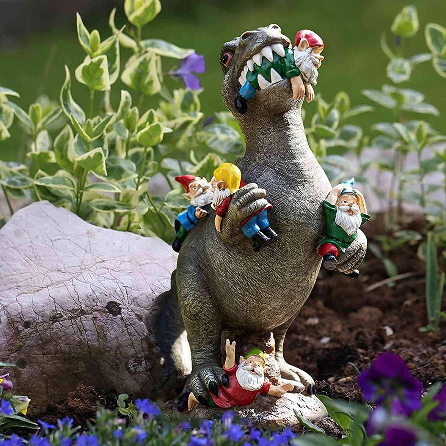 Dinosaur Eating Gnomes Garden Ornament, Funny Lifelike Animal Statue,Best Art Decor for Indoor Outdoor Home Office