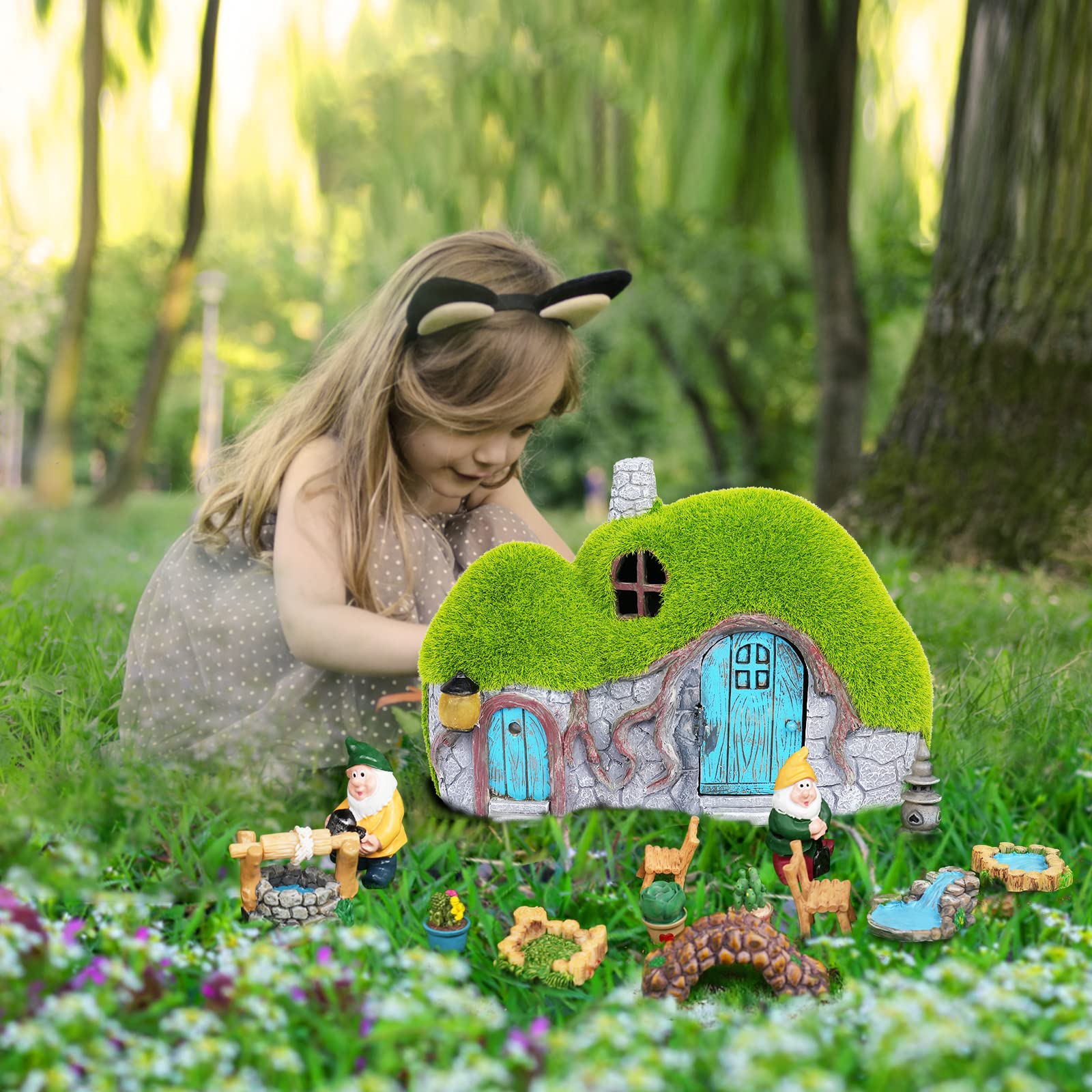 Darkdec Garden Statues Outdoor Decor - Fairy House with Waterproof Solar Lights Resin Figurines for Yard Lawn Porch Outside Ornament or Garden Gift