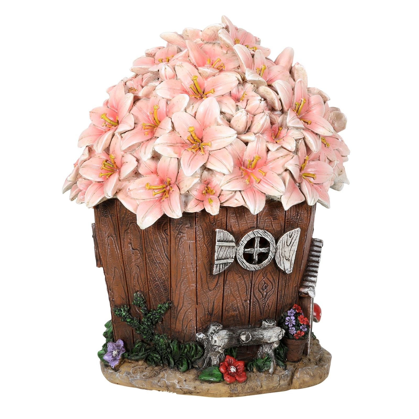 Azuma Garden Ornament Solar Powered Light Resin Decoration Flower House Pink Building Patio Outdoor Novelty LED