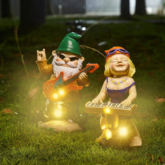 Rock N Roll Musician Gnomes with Solar LED Light Instruments | Set of 2 | Musician, Pianist, Guitarist Garden Statue, Yard Art Décor, Indoor & Outdoor Ornament for Lawn, Patio Sculpture - 10"-11" H
