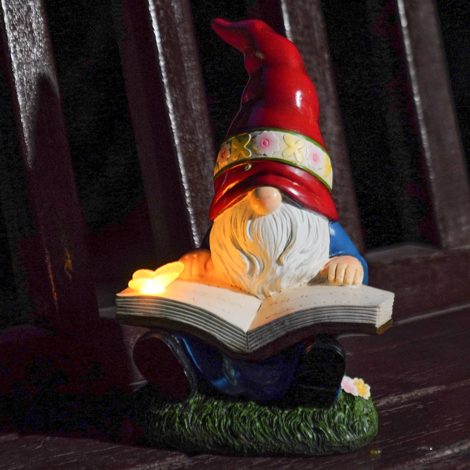 Solar Garden Gnomes Outdoor Statues - Gnome Figurine Reading Book with Butterfly LED Lights Funny Gnomes for Garden Decor Yard Patio Lawn Ornaments Gifts for Women