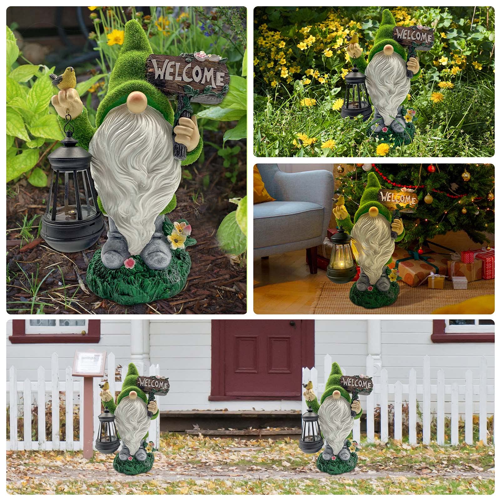 Lovinland Garden Gnome Statue Outdoor Decor Large Flocked Resin Gnome Figurine with Solar Light Holding Lantern Welcome Sign Garden Yard Decorations Dwarf Sculpture for Outside Patio Porch Lawn Decor